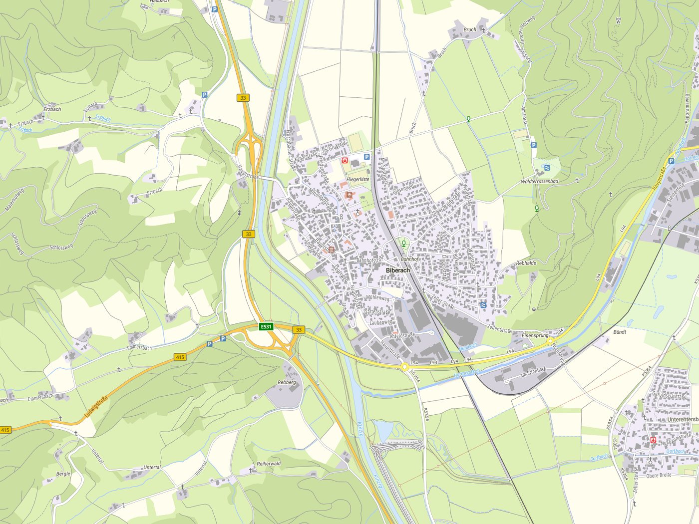 Kartenausschnitt Biberach mit Gewässern