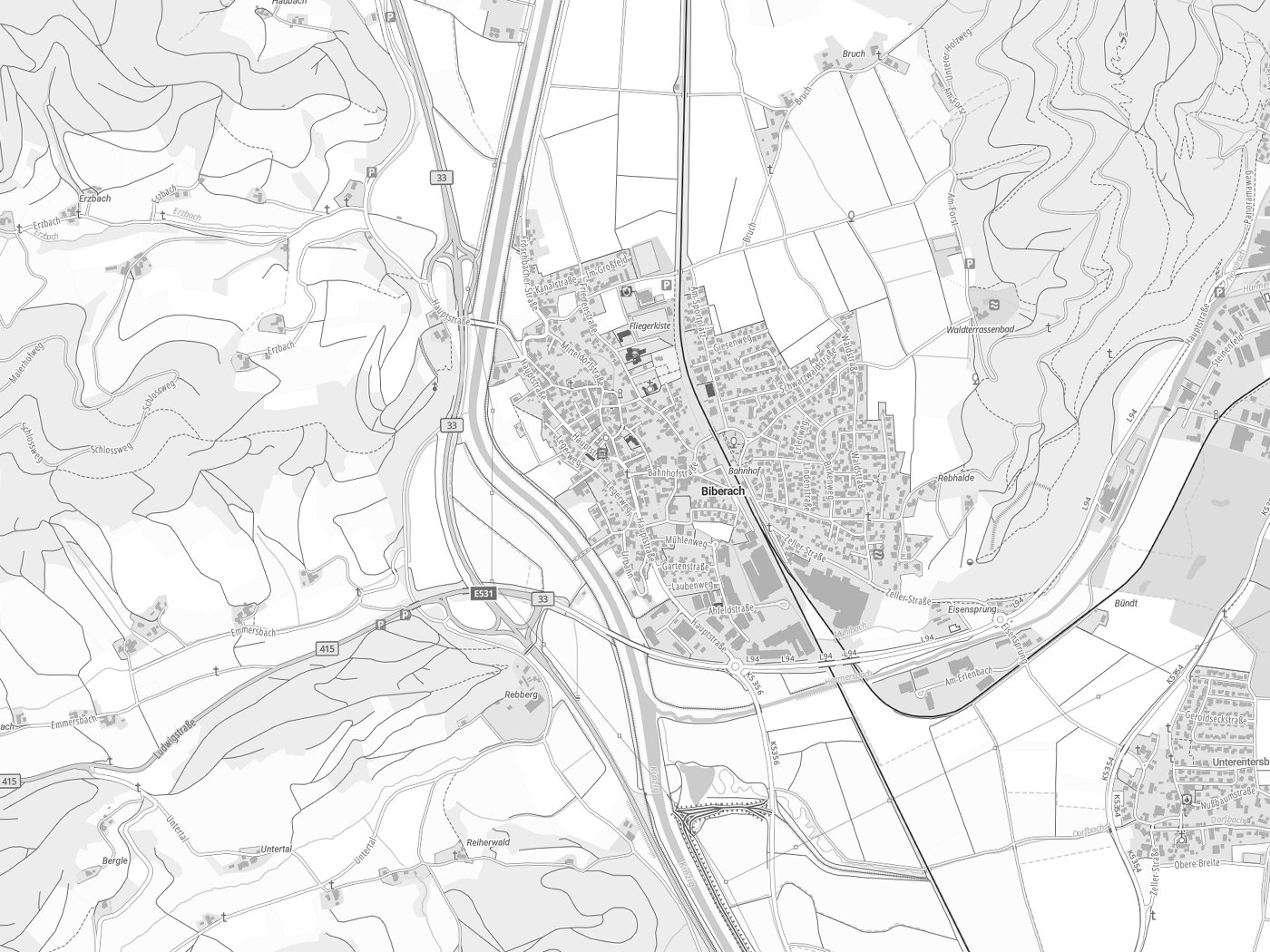 Kartenausschnitt Biberach mit Gewässern