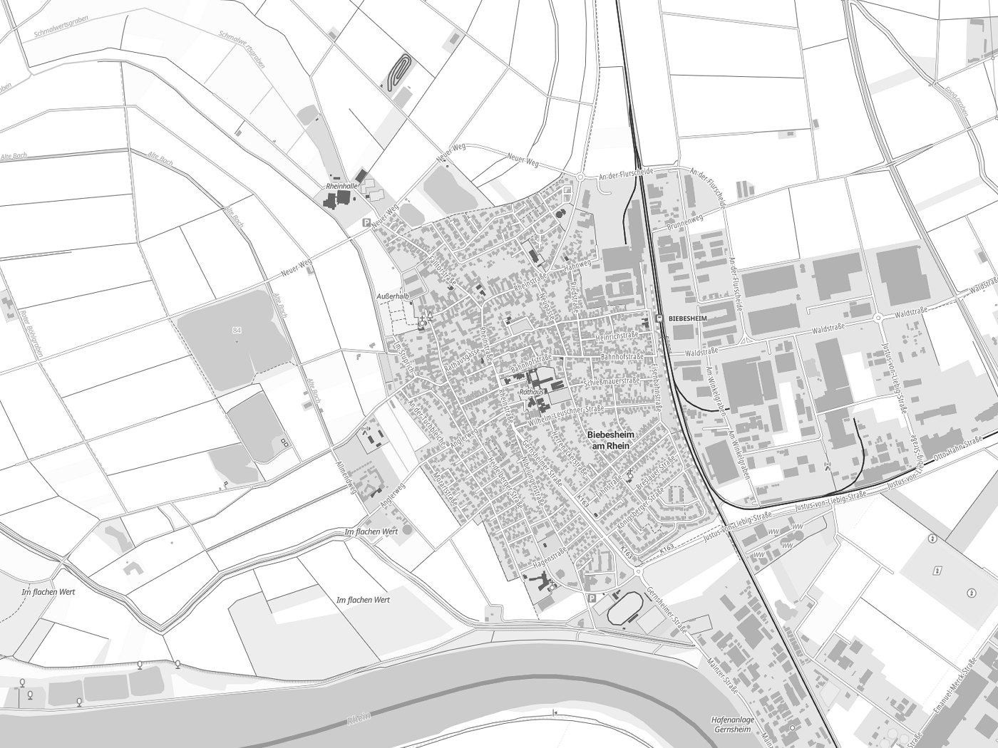 Kartenausschnitt Biebesheim am Rhein mit Gewässern