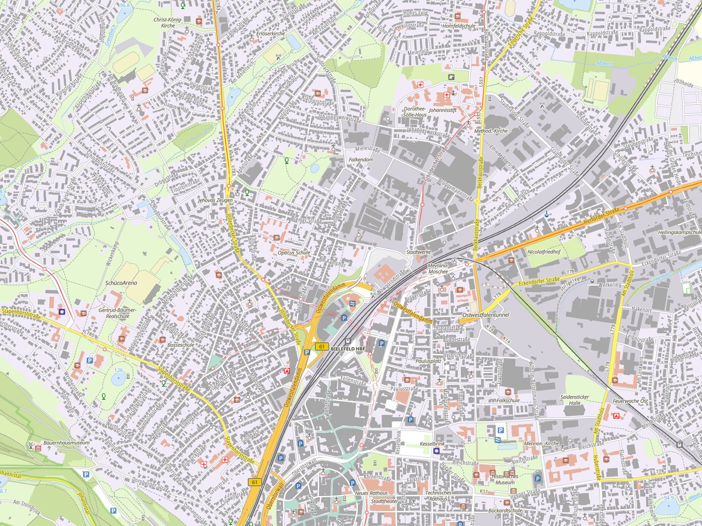 Kartenausschnitt Bielefeld mit Gewässern