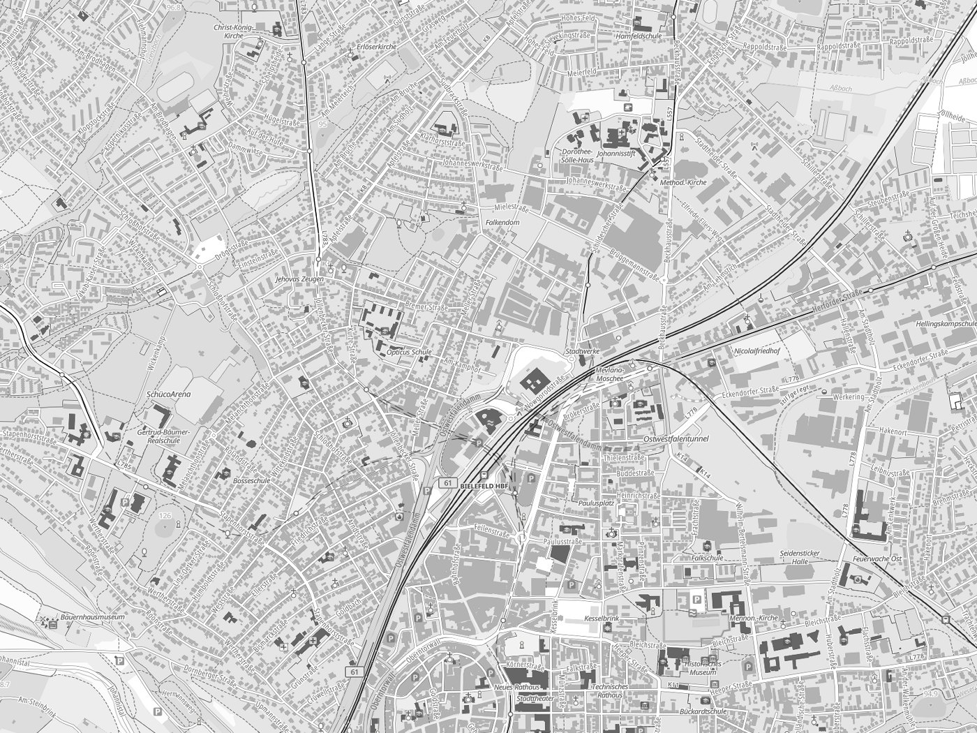 Kartenausschnitt Bielefeld mit Gewässern