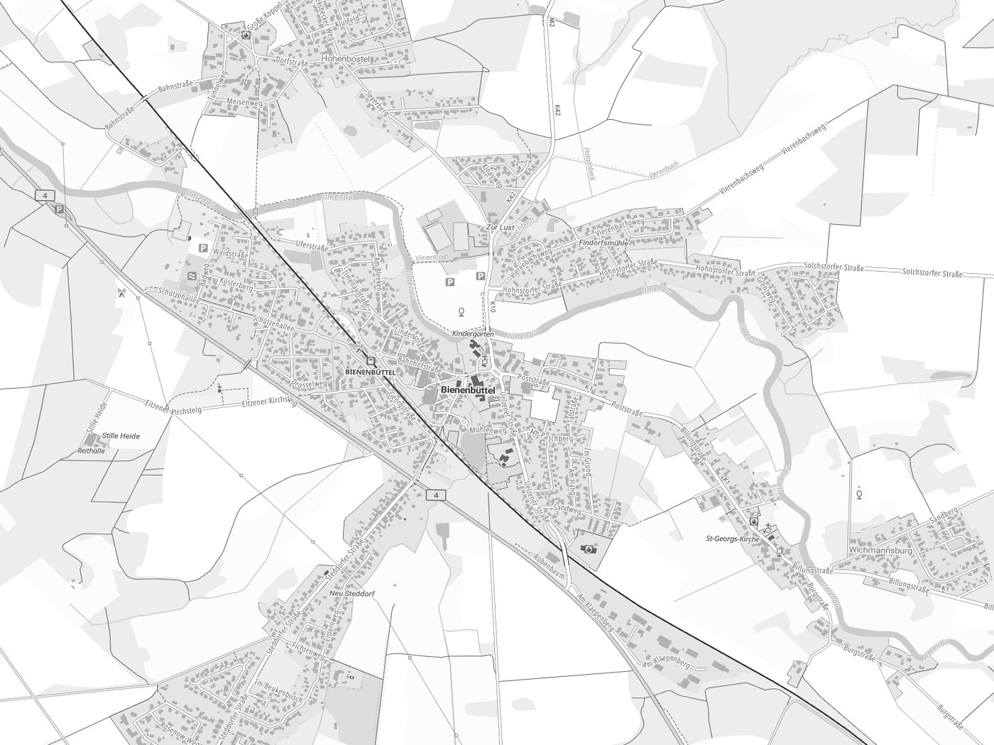 Kartenausschnitt Bienenbüttel mit Gewässern