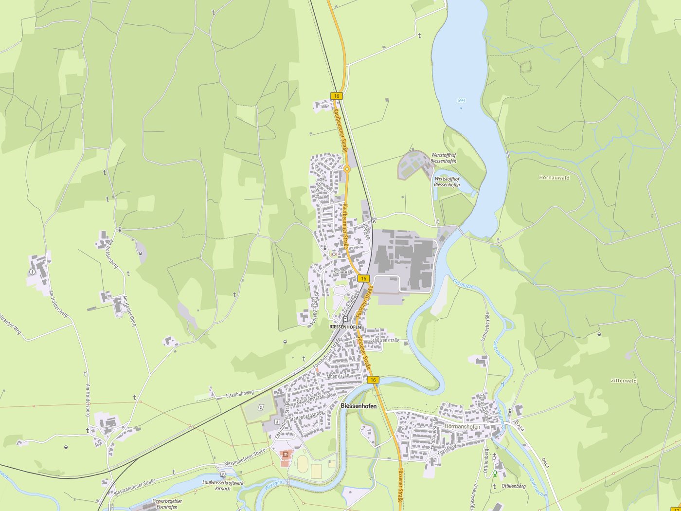 Kartenausschnitt Biessenhofen mit Gewässern
