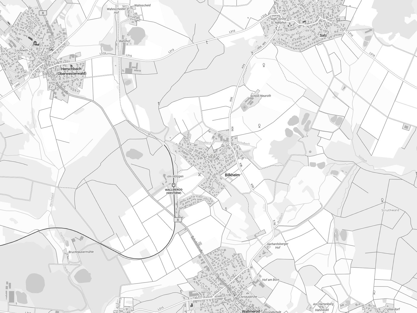 Kartenausschnitt Bilkheim mit Gewässern