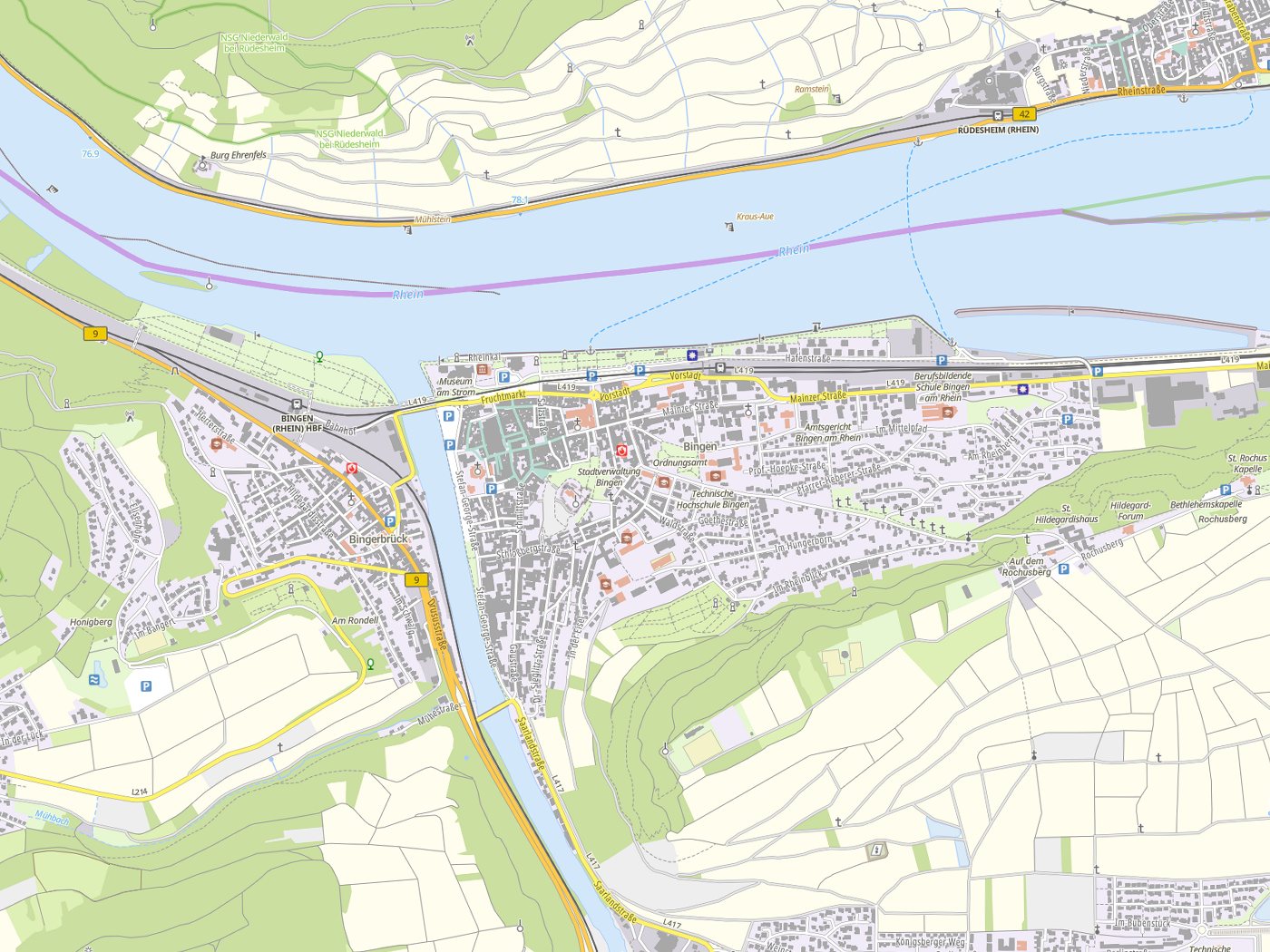 Kartenausschnitt Bingen am Rhein mit Gewässern