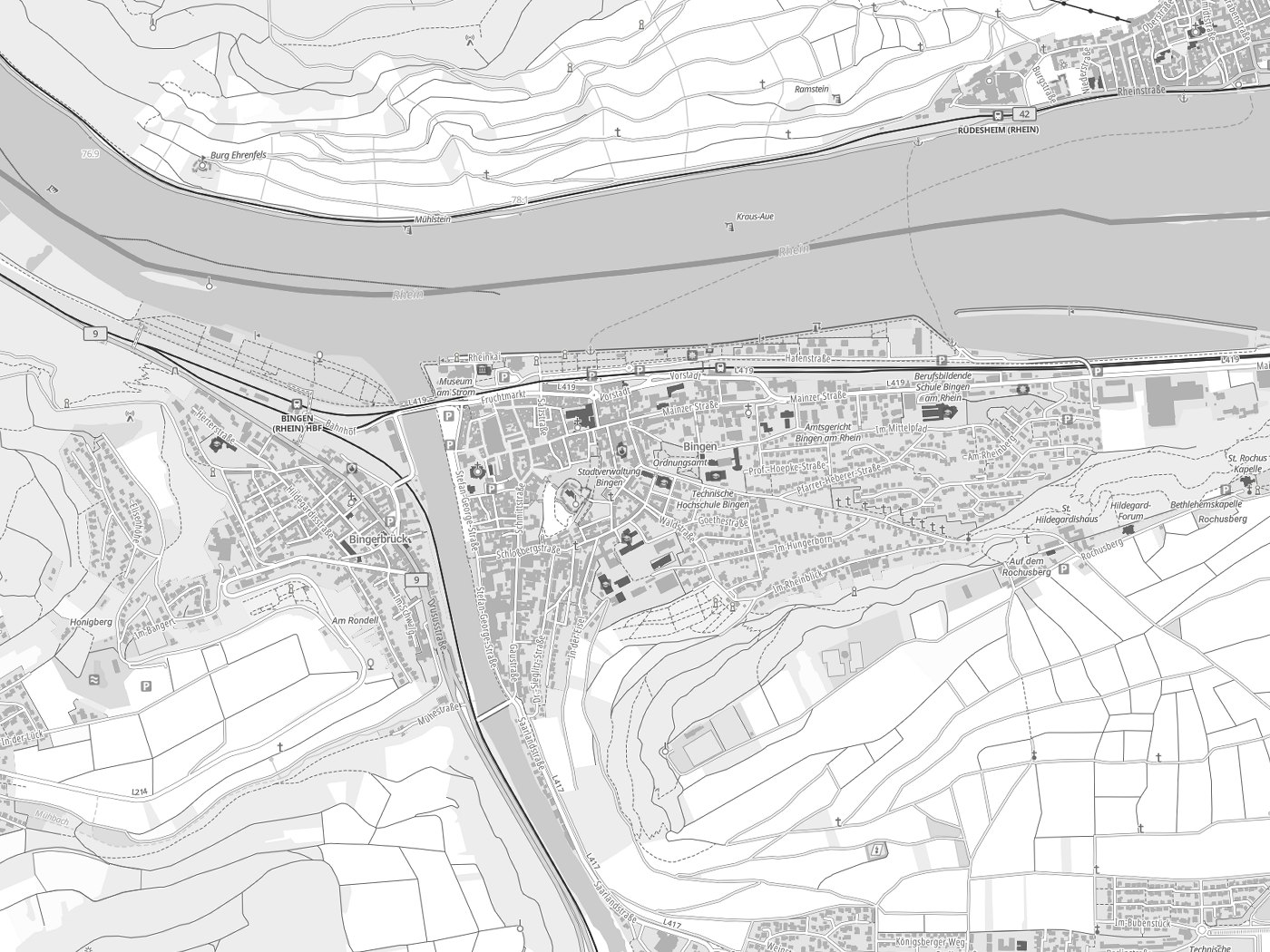 Kartenausschnitt Bingen am Rhein mit Gewässern