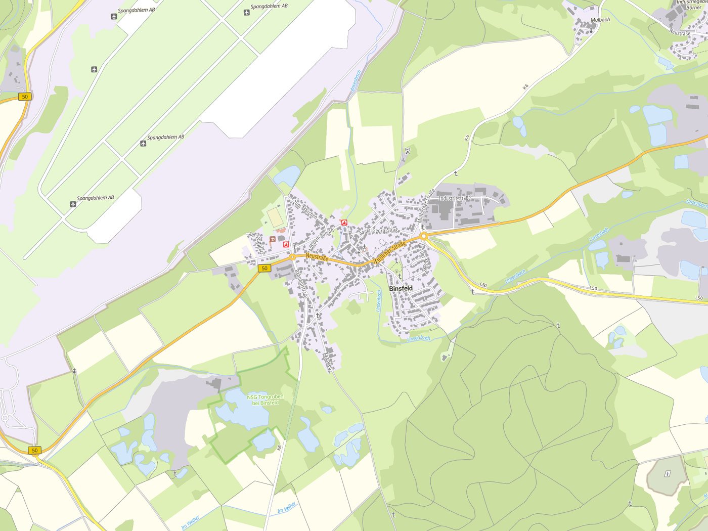 Kartenausschnitt Binsfeld mit Gewässern