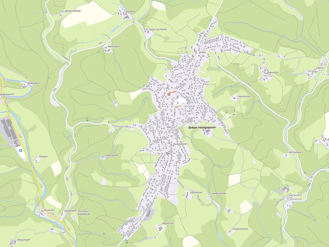 Kartenausschnitt Birken-Honigsessen mit Gewässern