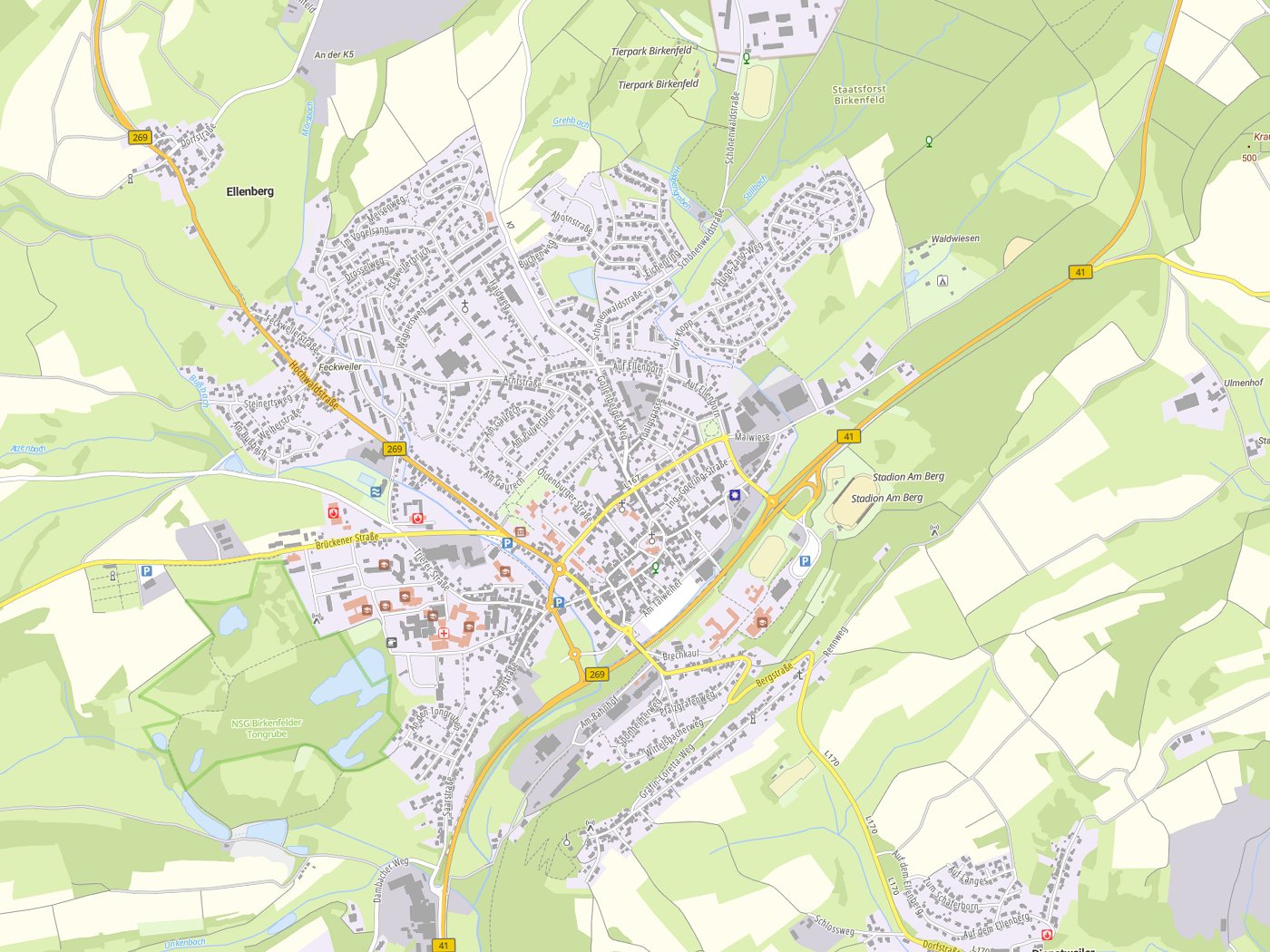 Kartenausschnitt Birkenfeld mit Gewässern