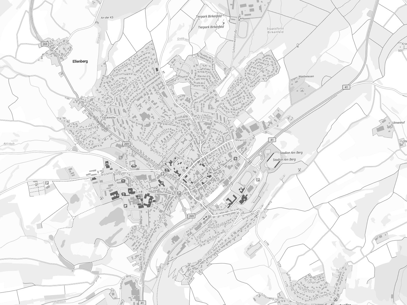 Kartenausschnitt Birkenfeld mit Gewässern