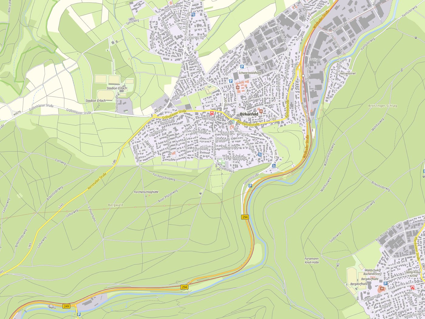Kartenausschnitt Birkenfeld mit Gewässern