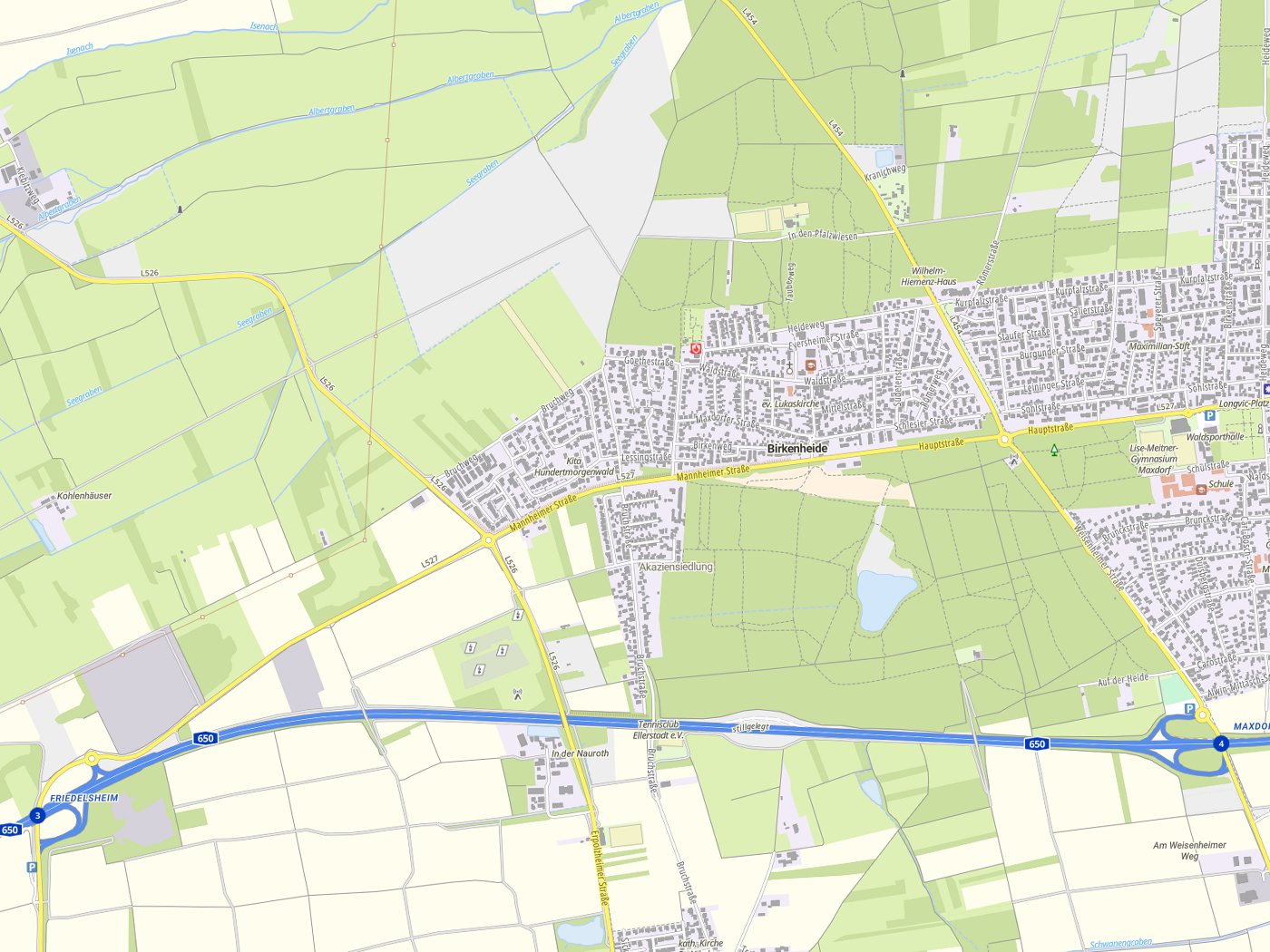 Kartenausschnitt Birkenheide mit Gewässern