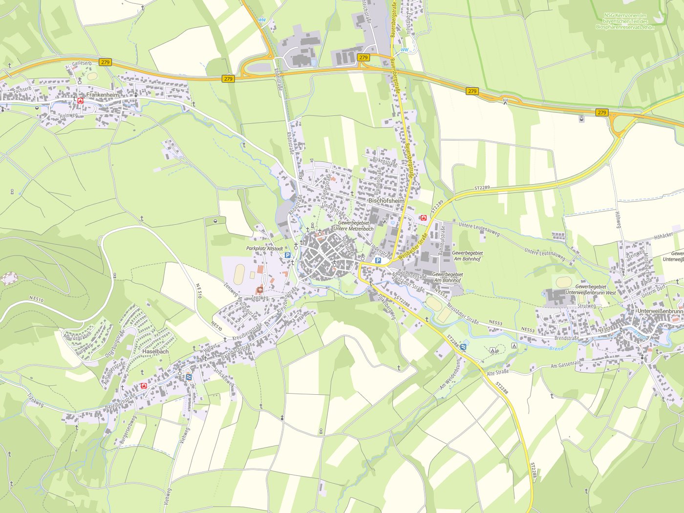 Kartenausschnitt Bischofsheim i.d.Rhön mit Gewässern