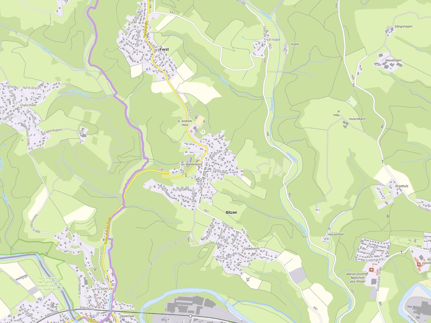 Kartenausschnitt Bitzen mit Gewässern