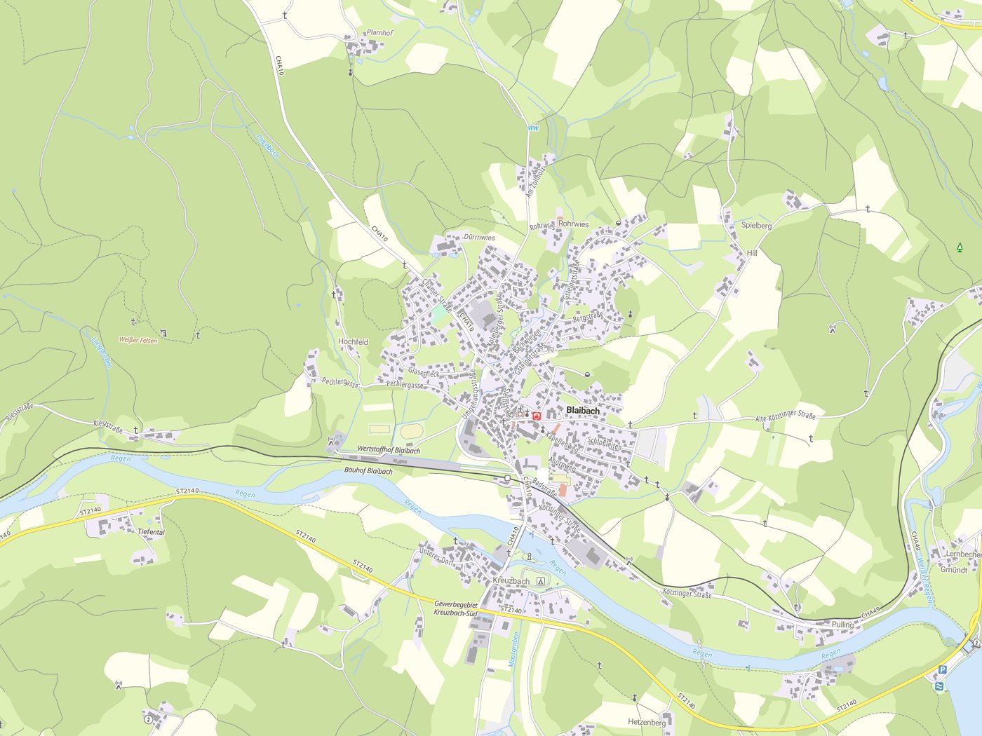 Kartenausschnitt Blaibach mit Gewässern
