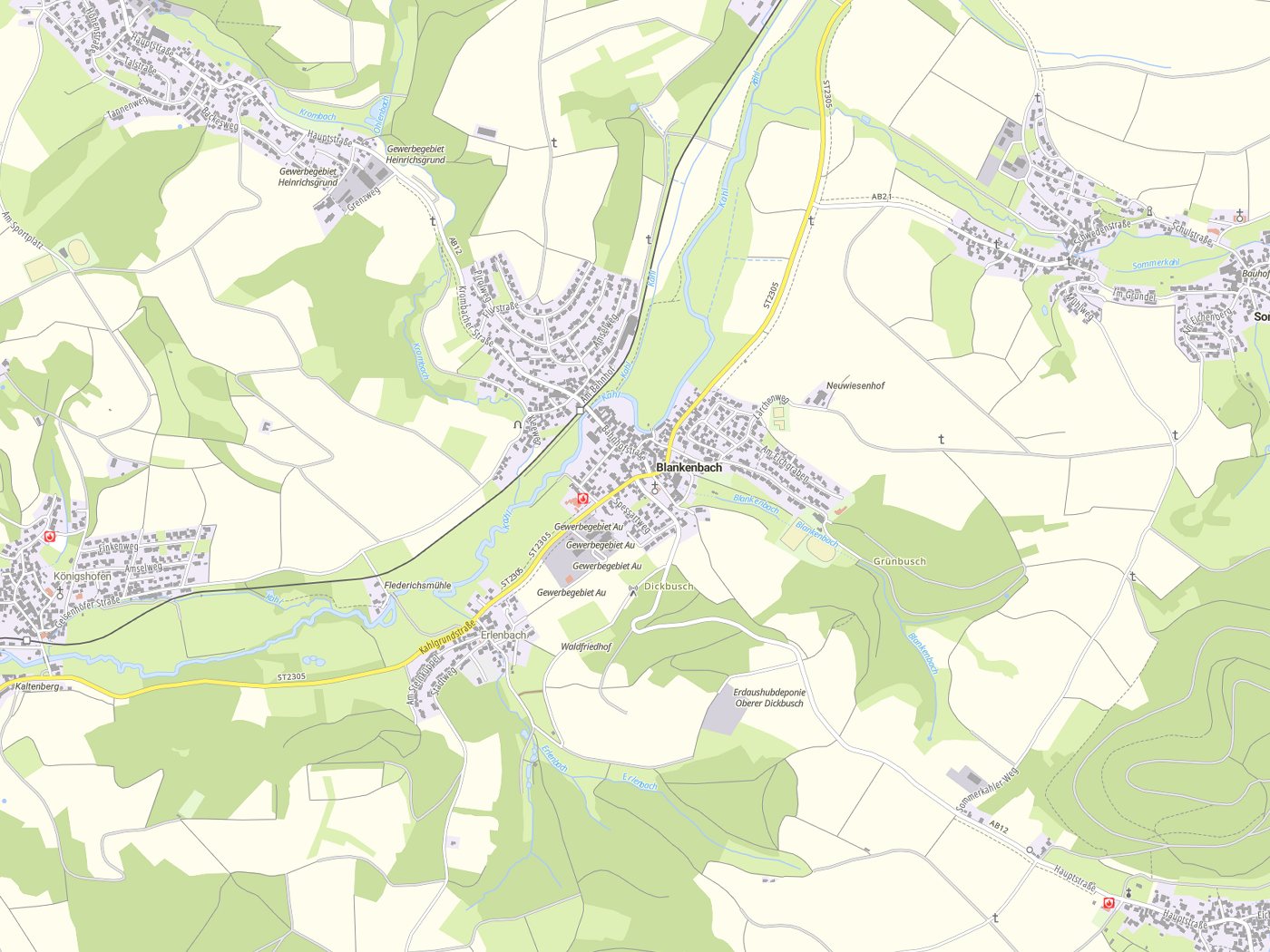 Kartenausschnitt Blankenbach mit Gewässern