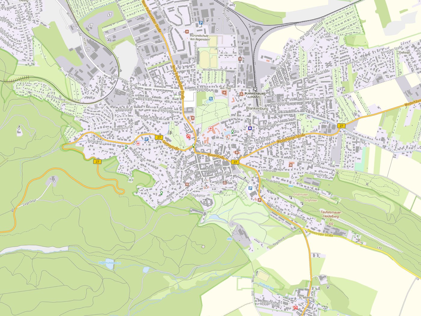 Kartenausschnitt Blankenburg mit Gewässern