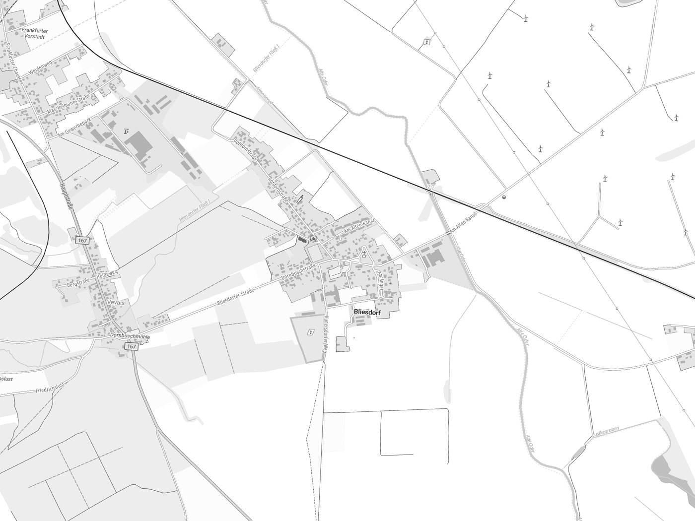Kartenausschnitt Bliesdorf mit Gewässern