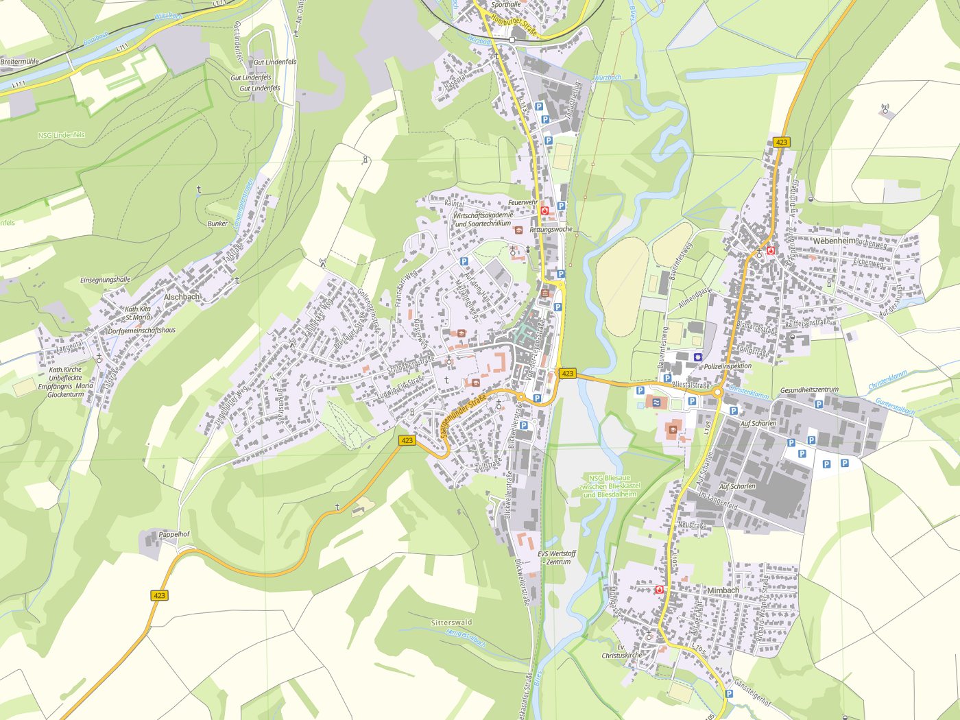 Kartenausschnitt Blieskastel mit Gewässern