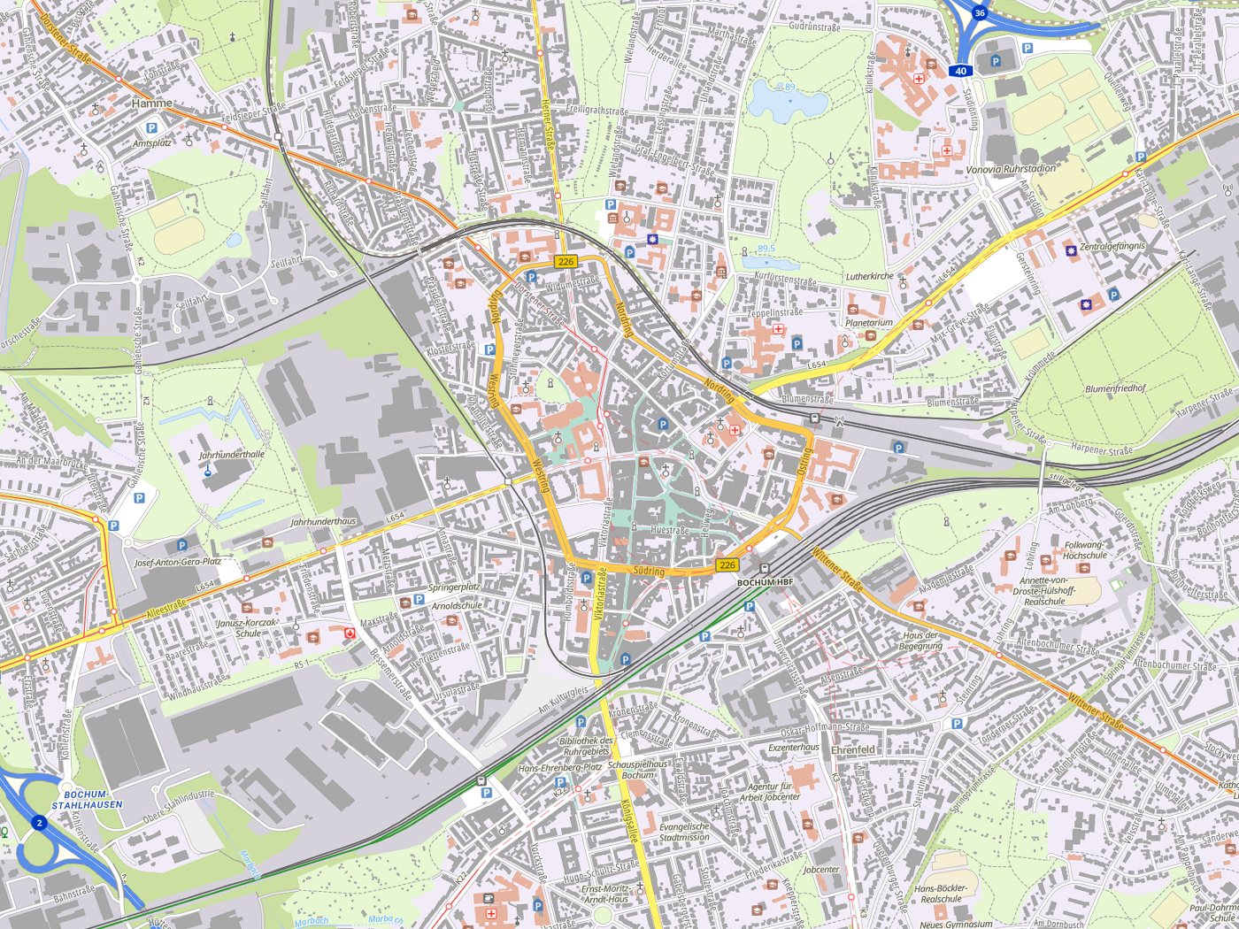 Kartenausschnitt Bochum mit Gewässern