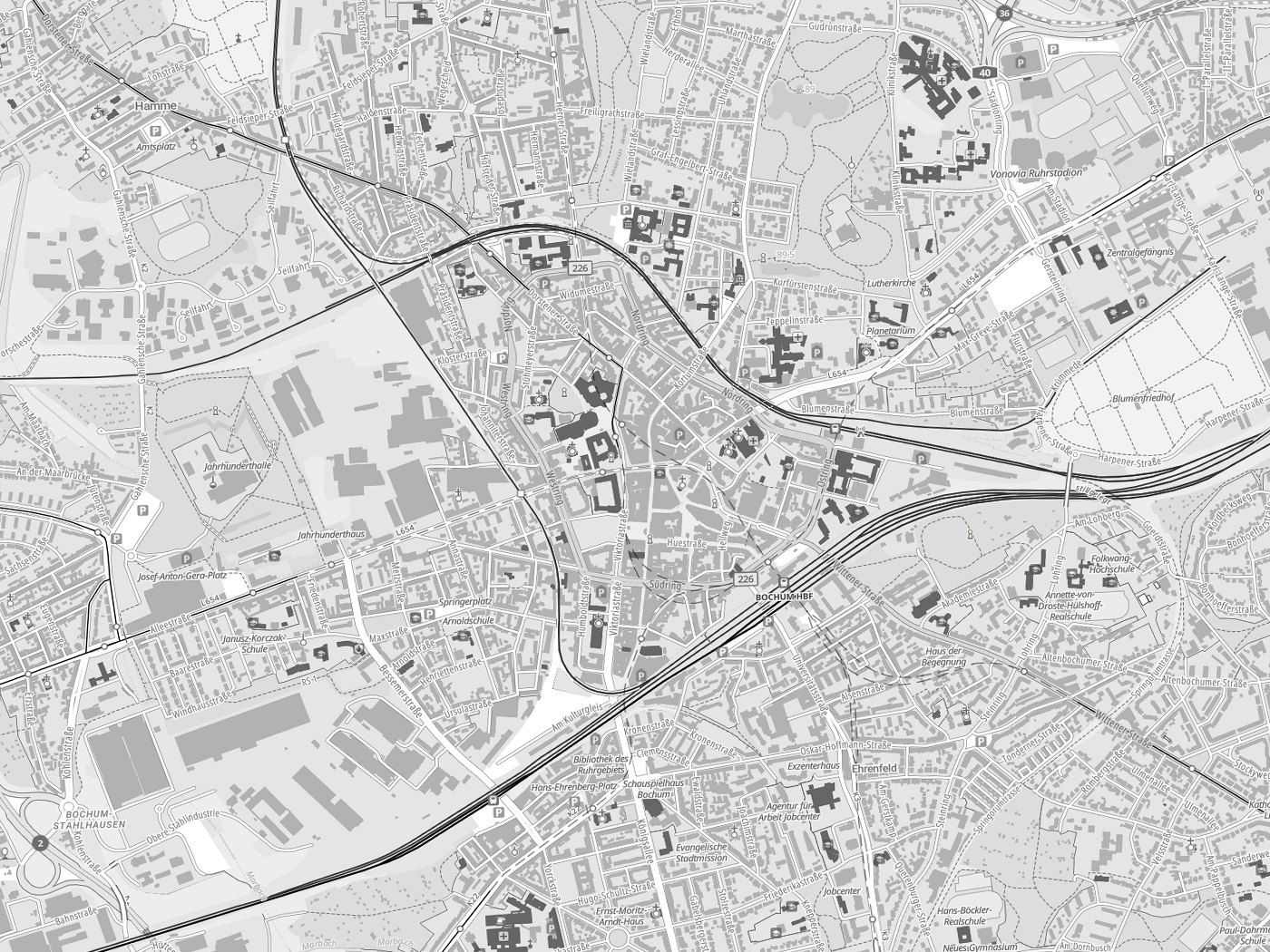 Kartenausschnitt Bochum mit Gewässern