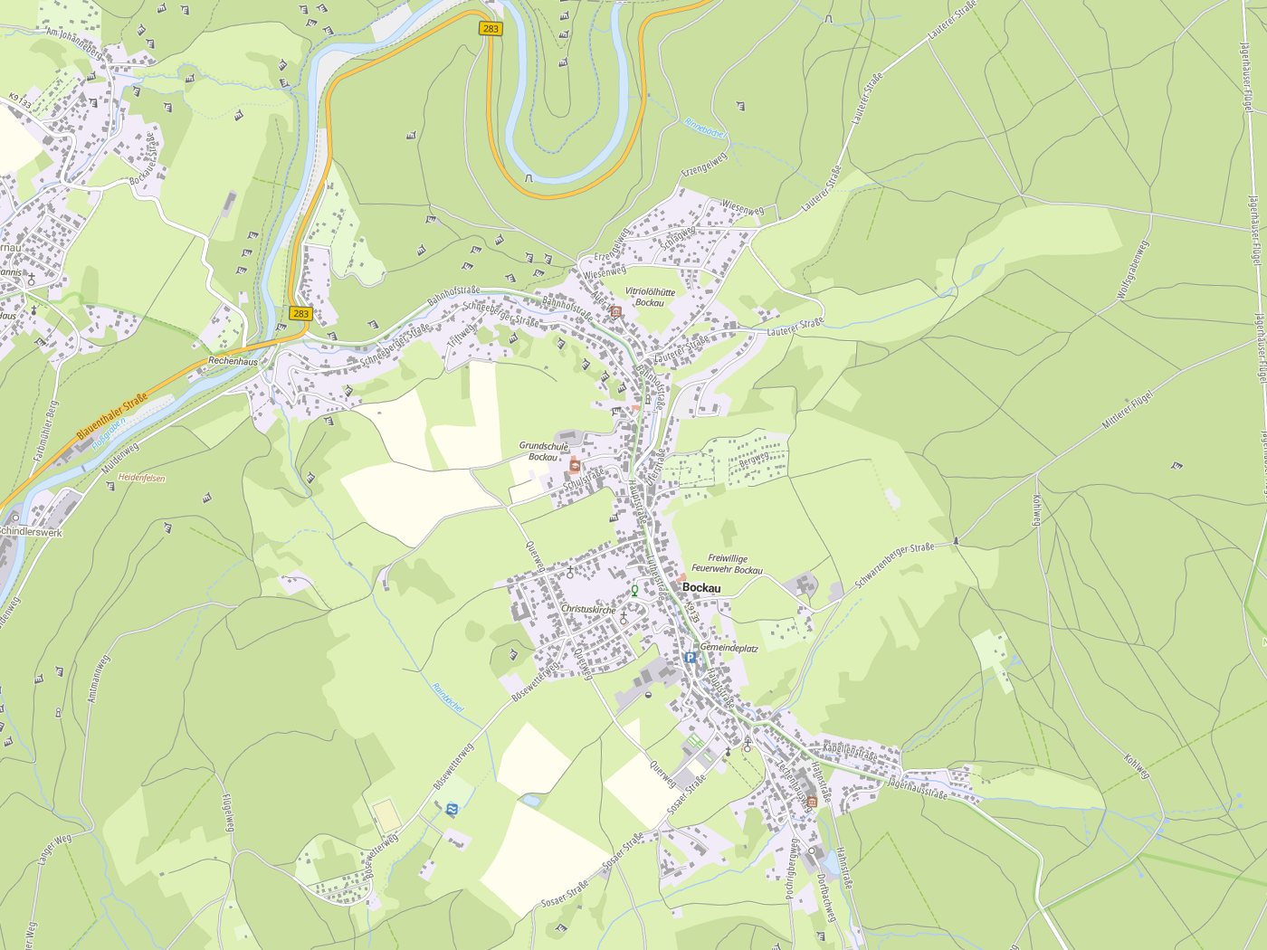 Kartenausschnitt Bockau mit Gewässern