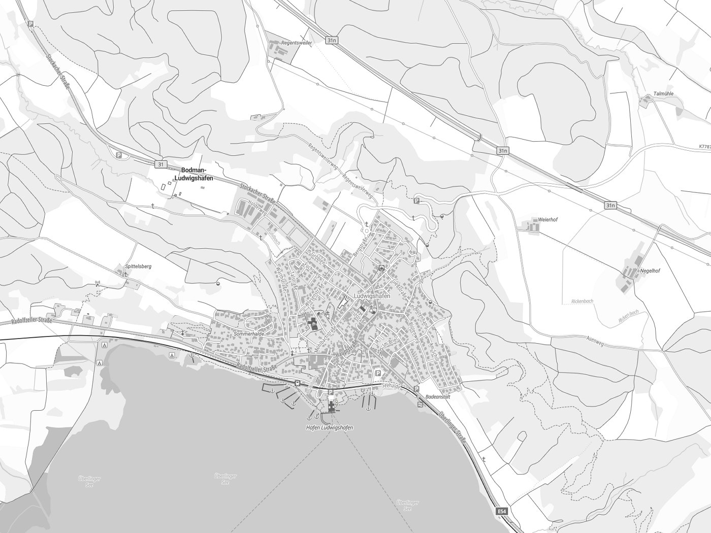 Kartenausschnitt Bodman-Ludwigshafen mit Gewässern