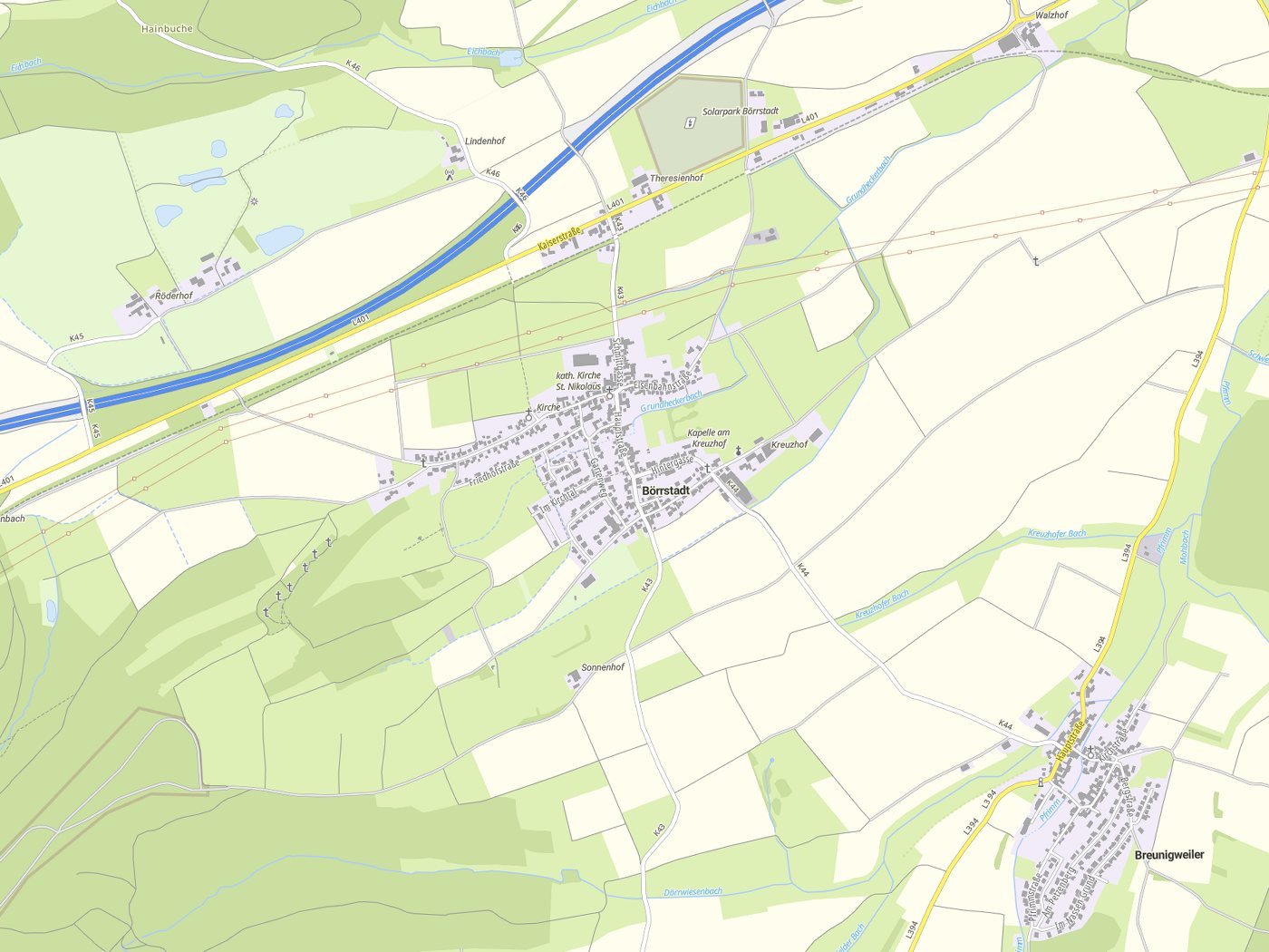 Kartenausschnitt Börrstadt mit Gewässern
