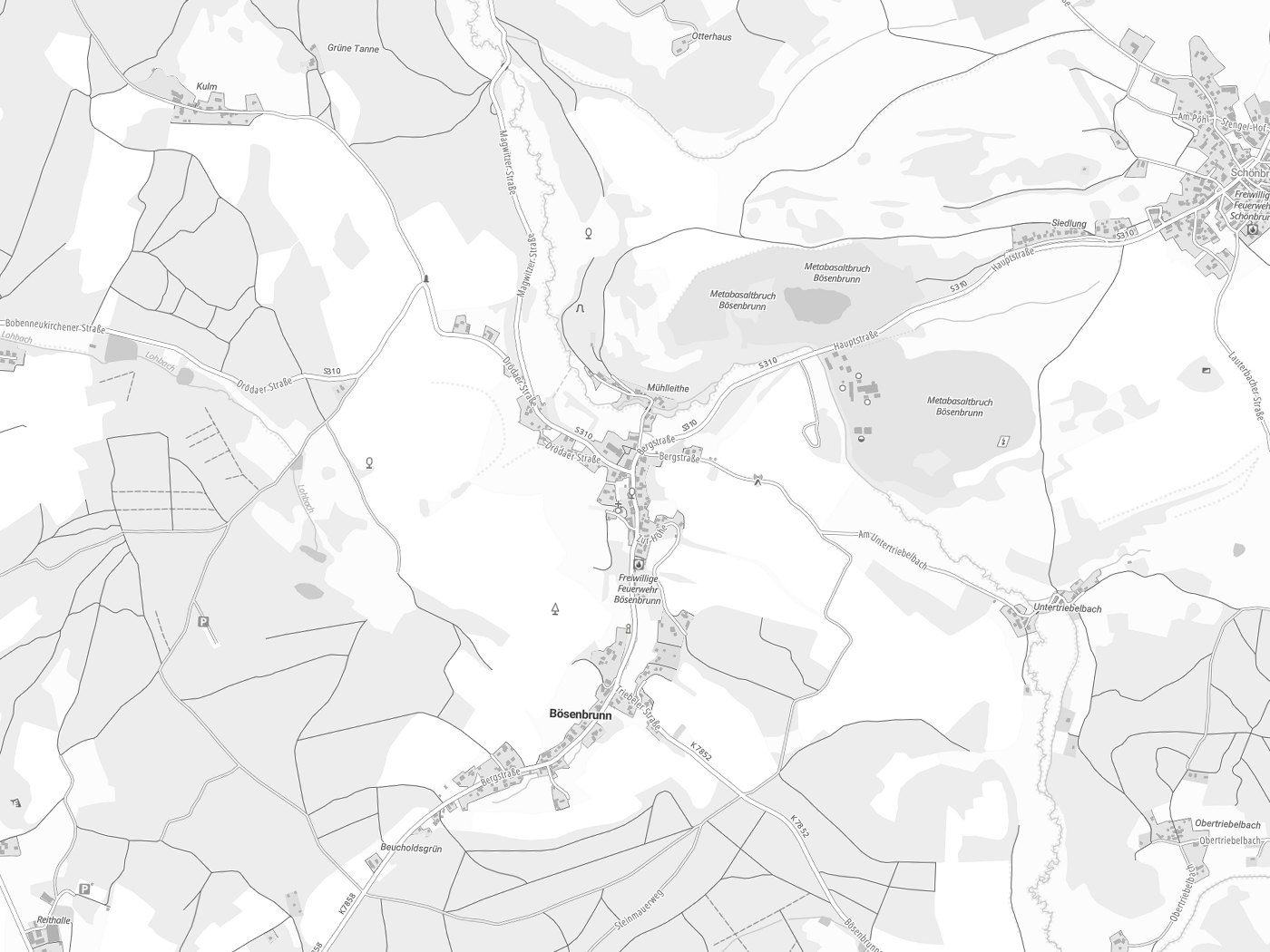 Kartenausschnitt Bösenbrunn mit Gewässern