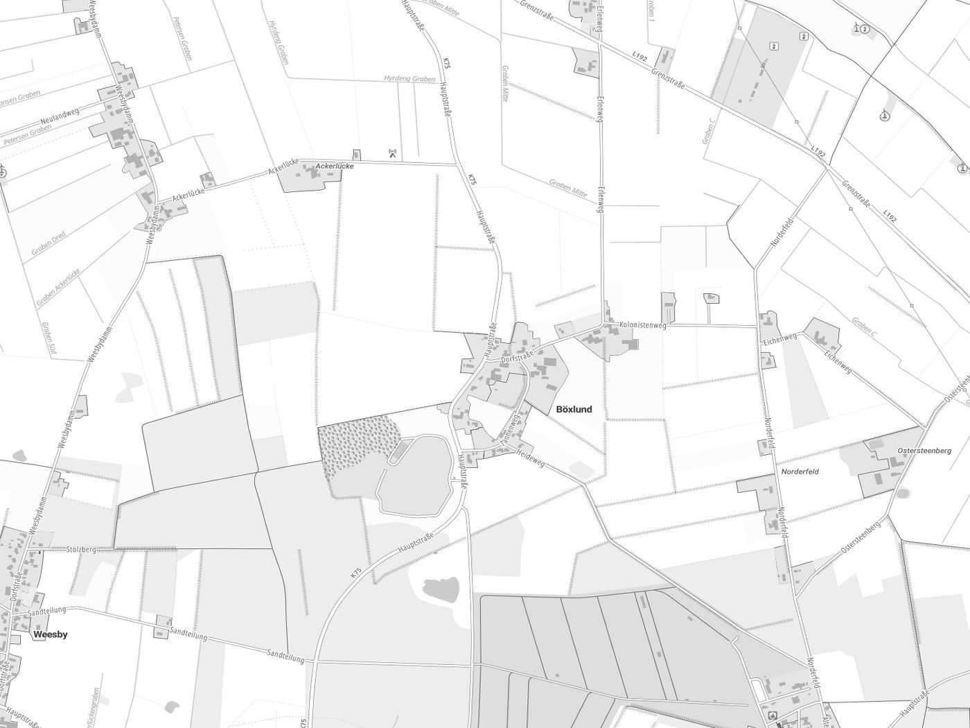 Kartenausschnitt Böxlund mit Gewässern