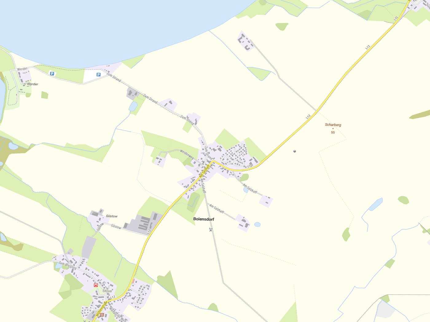 Kartenausschnitt Boiensdorf mit Gewässern