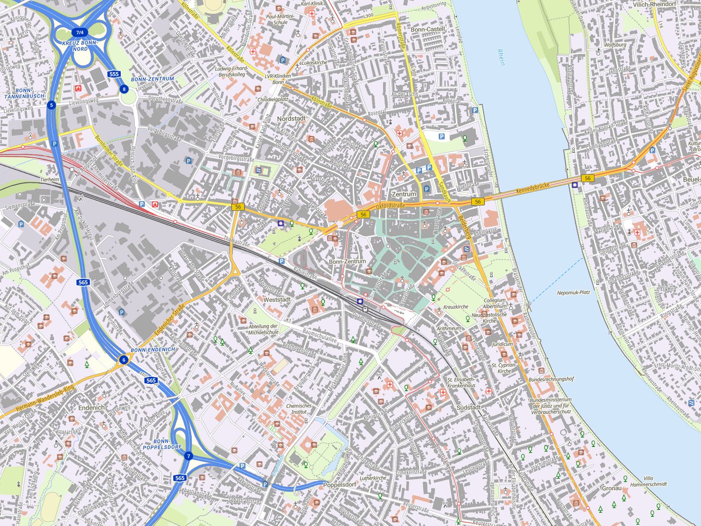 Kartenausschnitt Bonn mit Gewässern