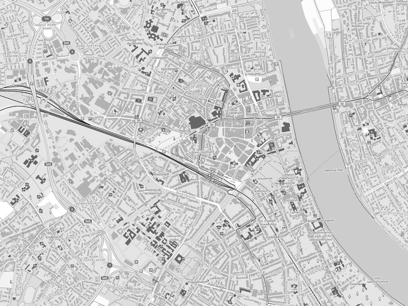 Kartenausschnitt Bonn mit Gewässern