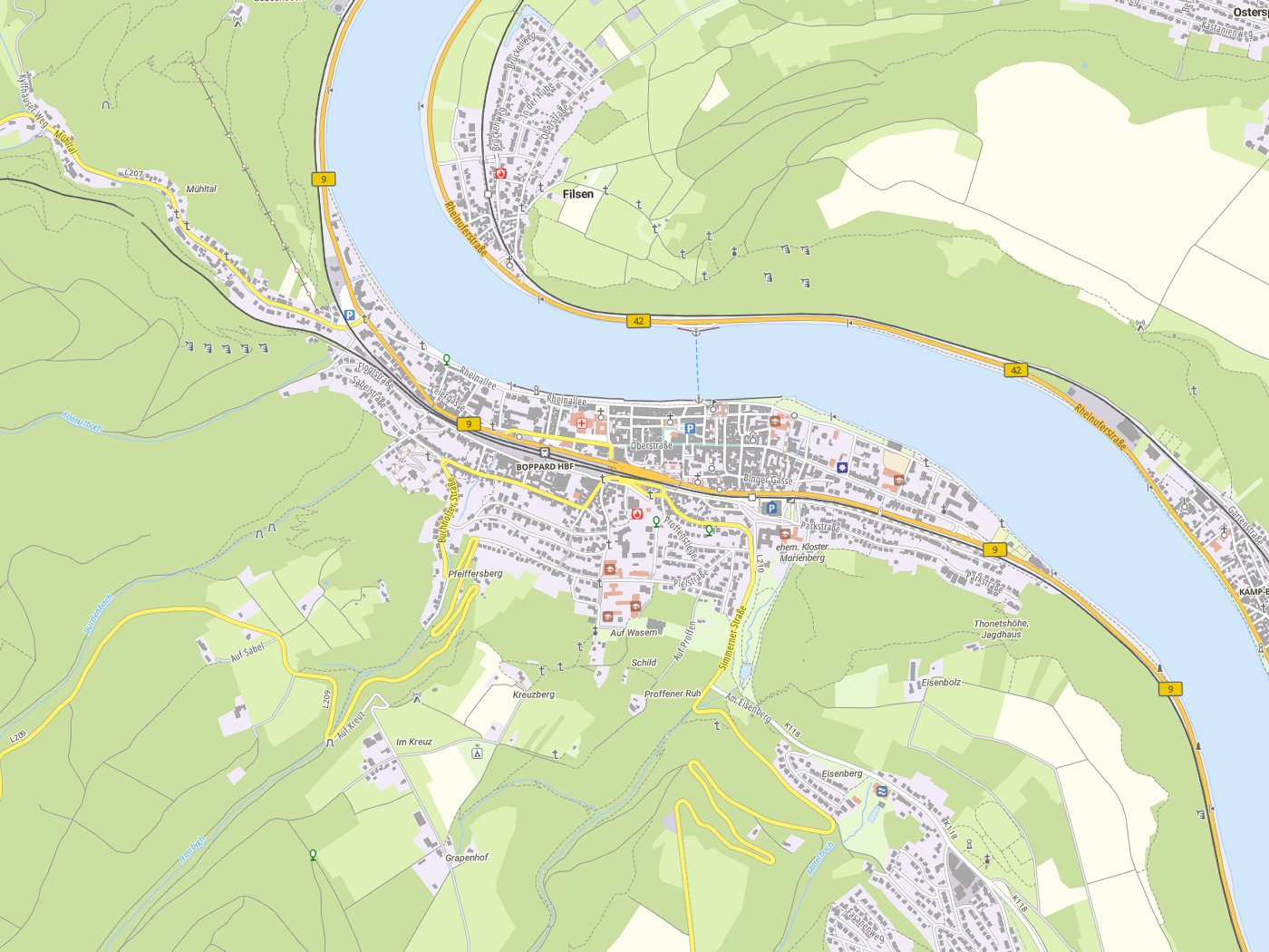 Kartenausschnitt Boppard mit Gewässern