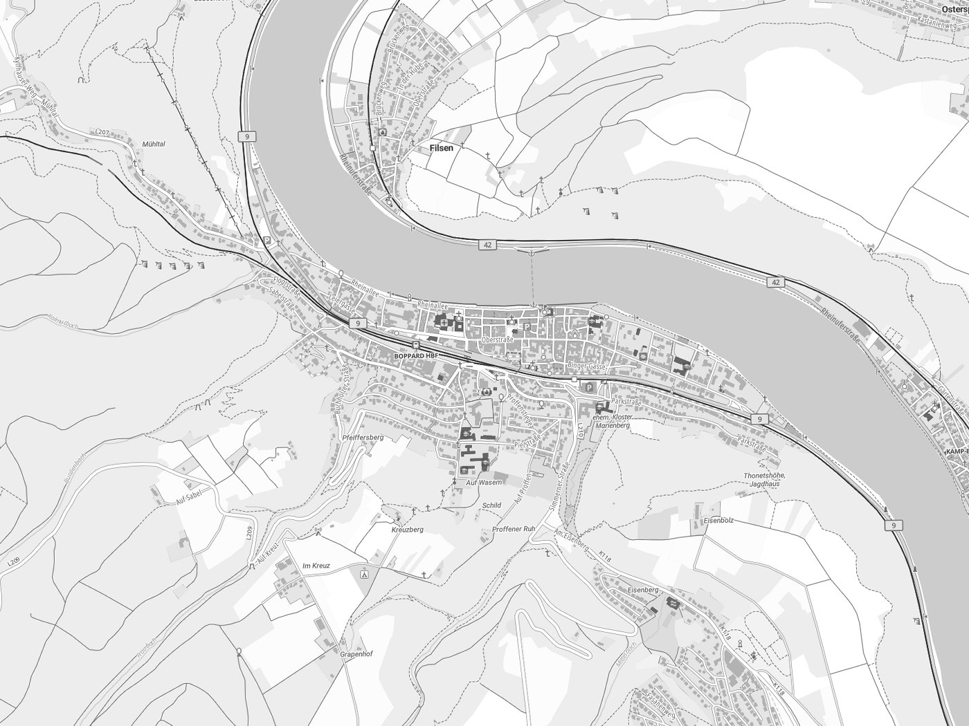 Kartenausschnitt Boppard mit Gewässern