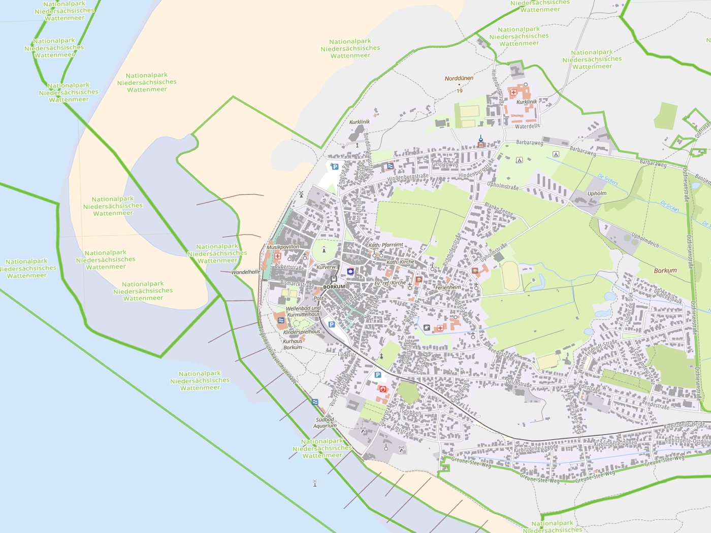 Kartenausschnitt Borkum mit Gewässern