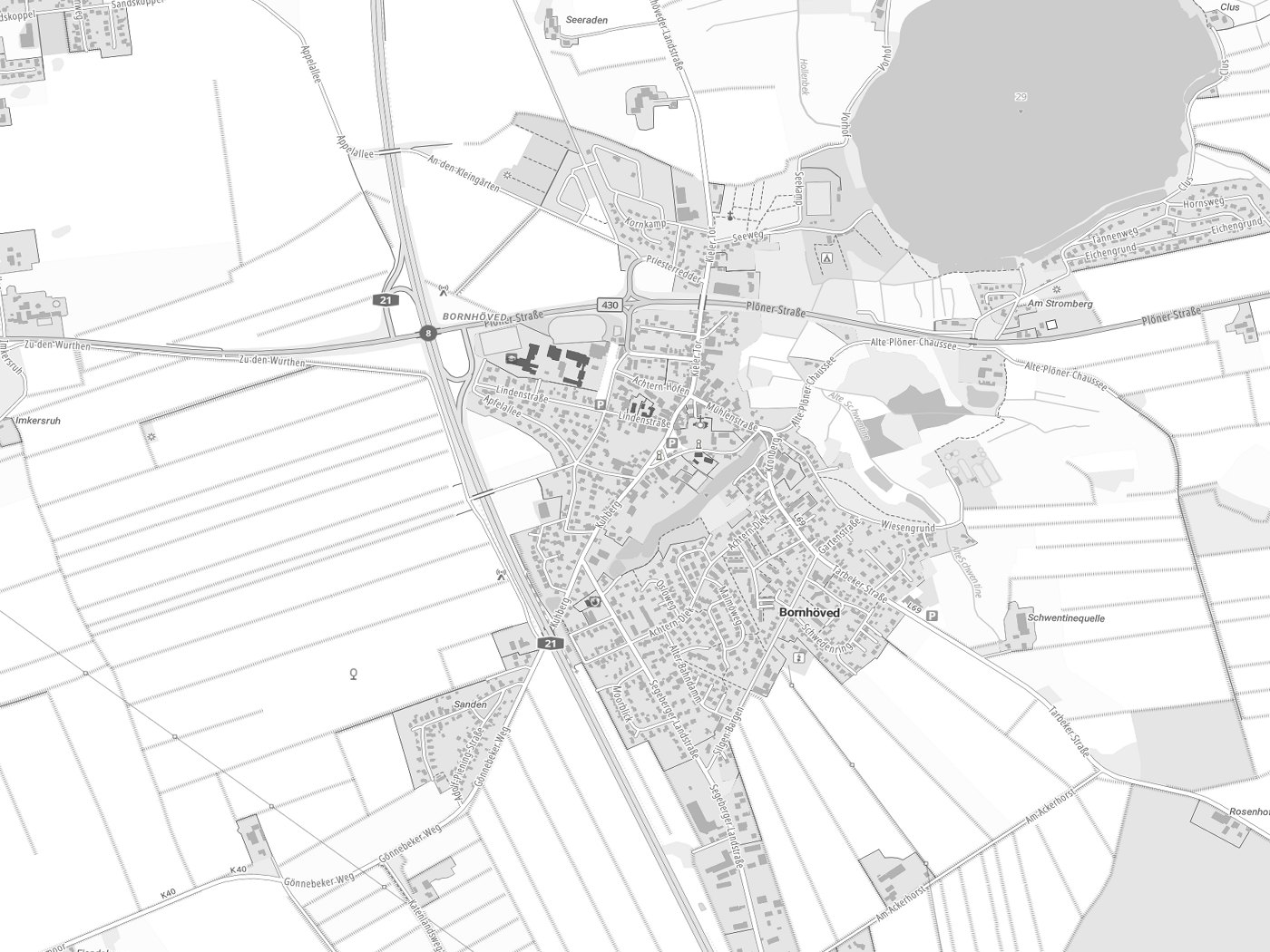 Kartenausschnitt Bornhöved mit Gewässern