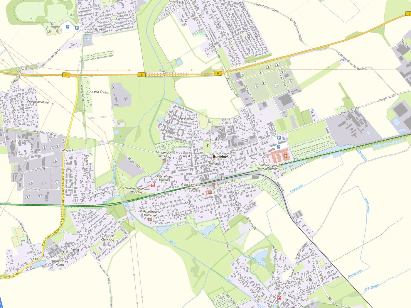 Kartenausschnitt Borsdorf mit Gewässern