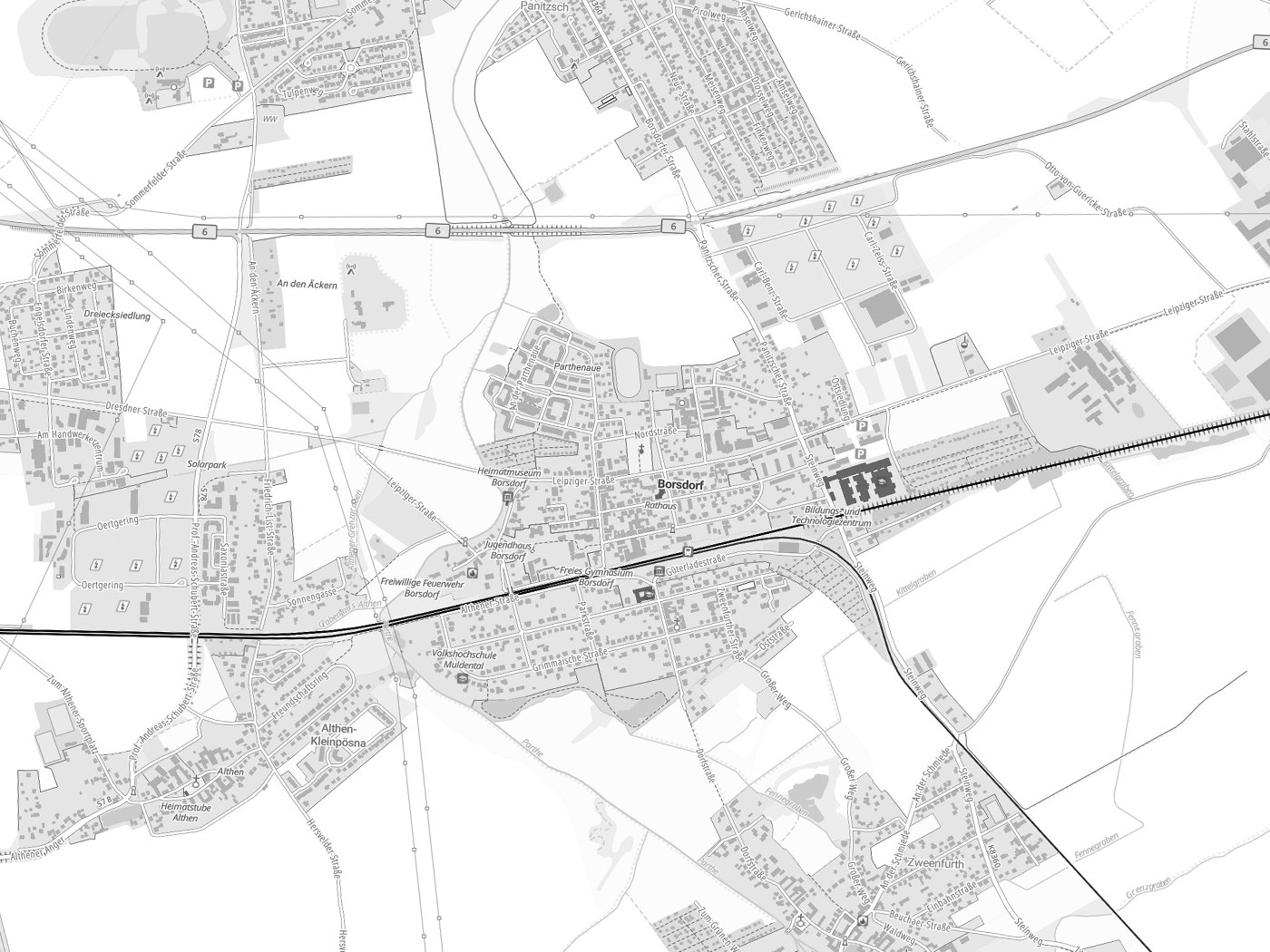 Kartenausschnitt Borsdorf mit Gewässern
