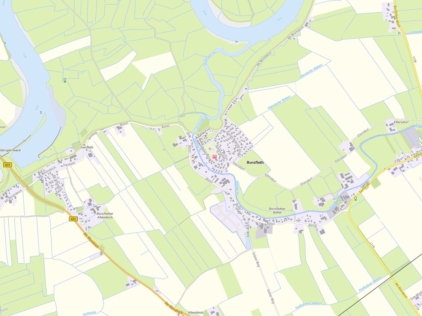 Kartenausschnitt Borsfleth mit Gewässern