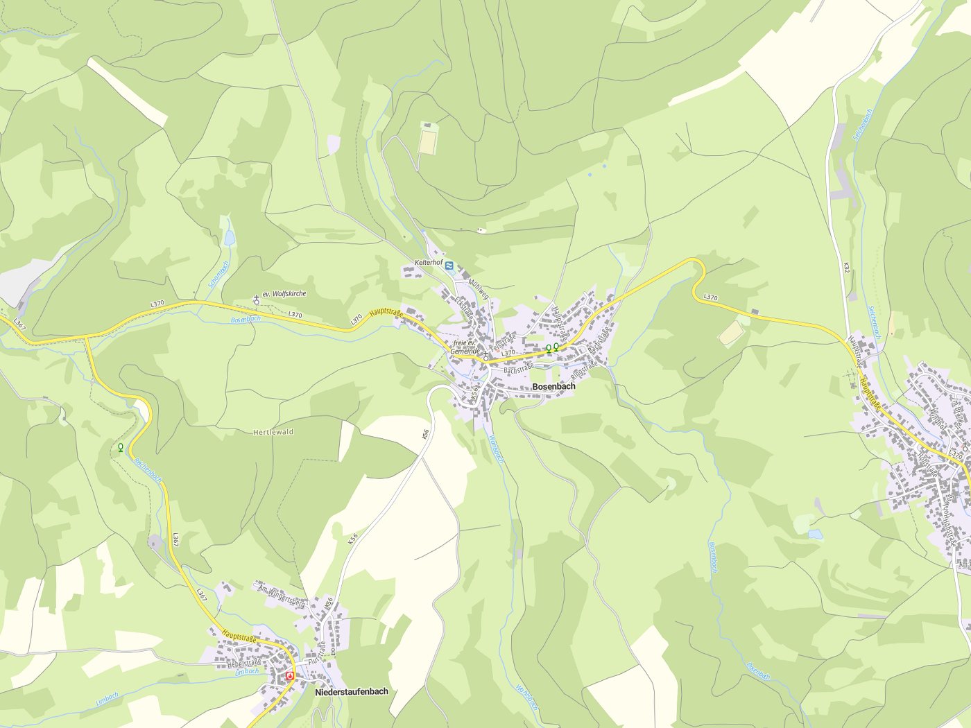 Kartenausschnitt Bosenbach mit Gewässern