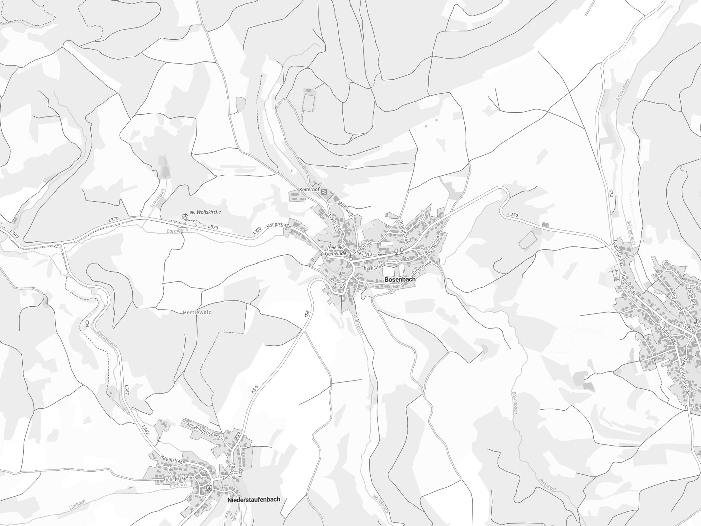 Kartenausschnitt Bosenbach mit Gewässern