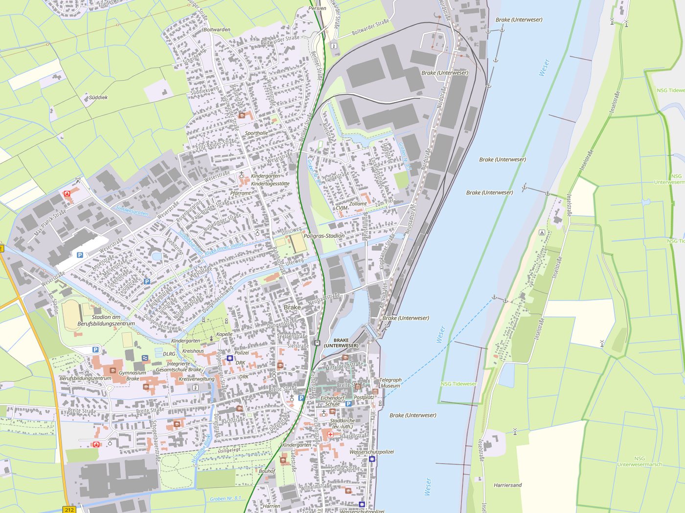 Kartenausschnitt Brake (Unterweser) mit Gewässern