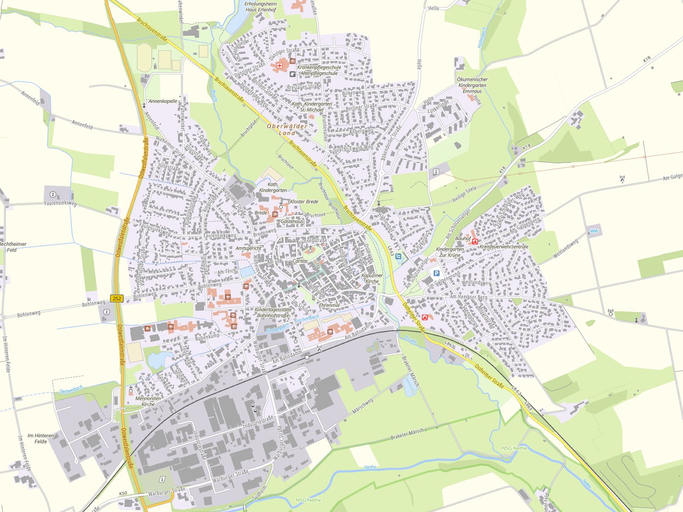Kartenausschnitt Brakel mit Gewässern