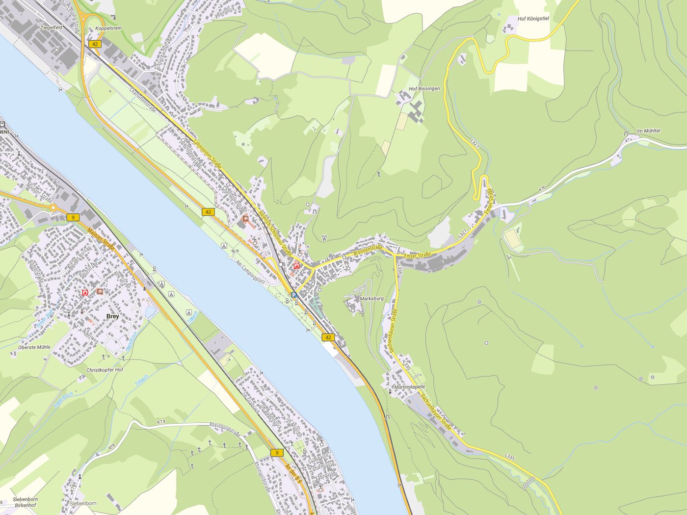 Kartenausschnitt Braubach mit Gewässern