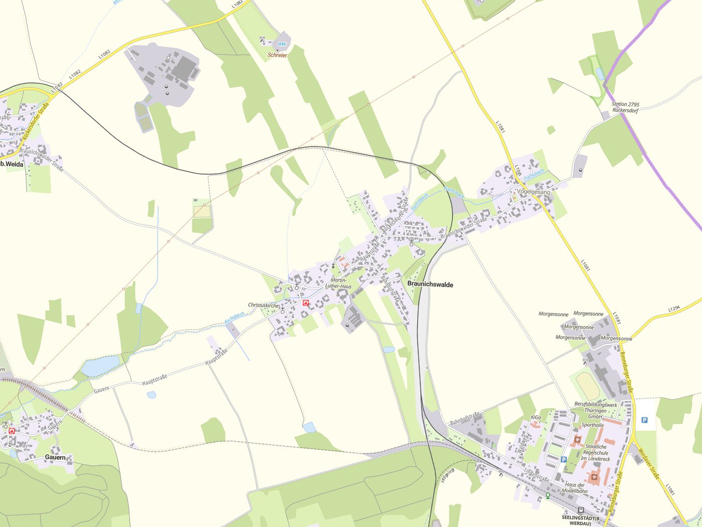 Kartenausschnitt Braunichswalde mit Gewässern