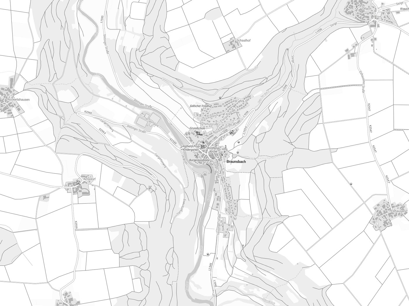 Kartenausschnitt Braunsbach mit Gewässern