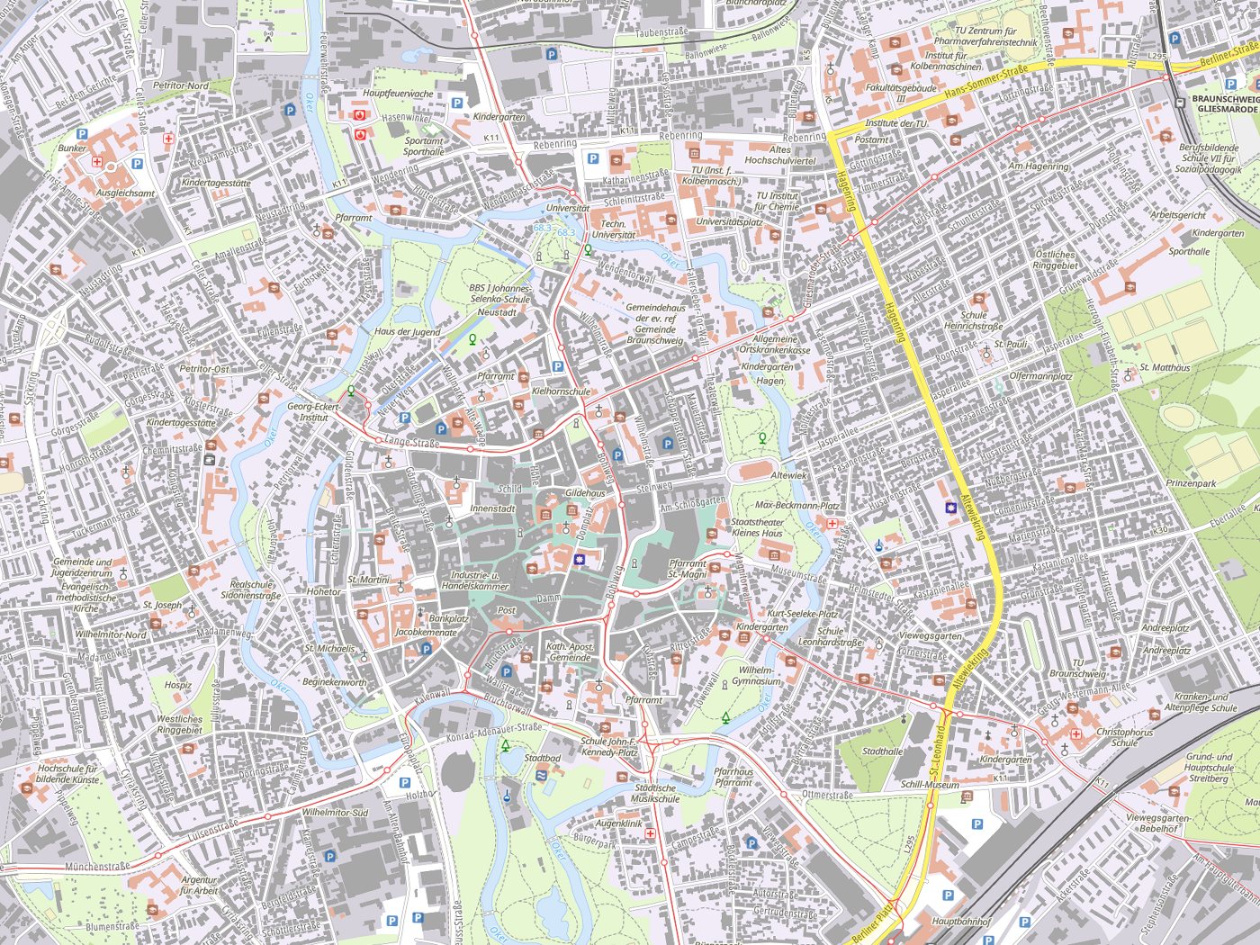 Kartenausschnitt Braunschweig mit Gewässern