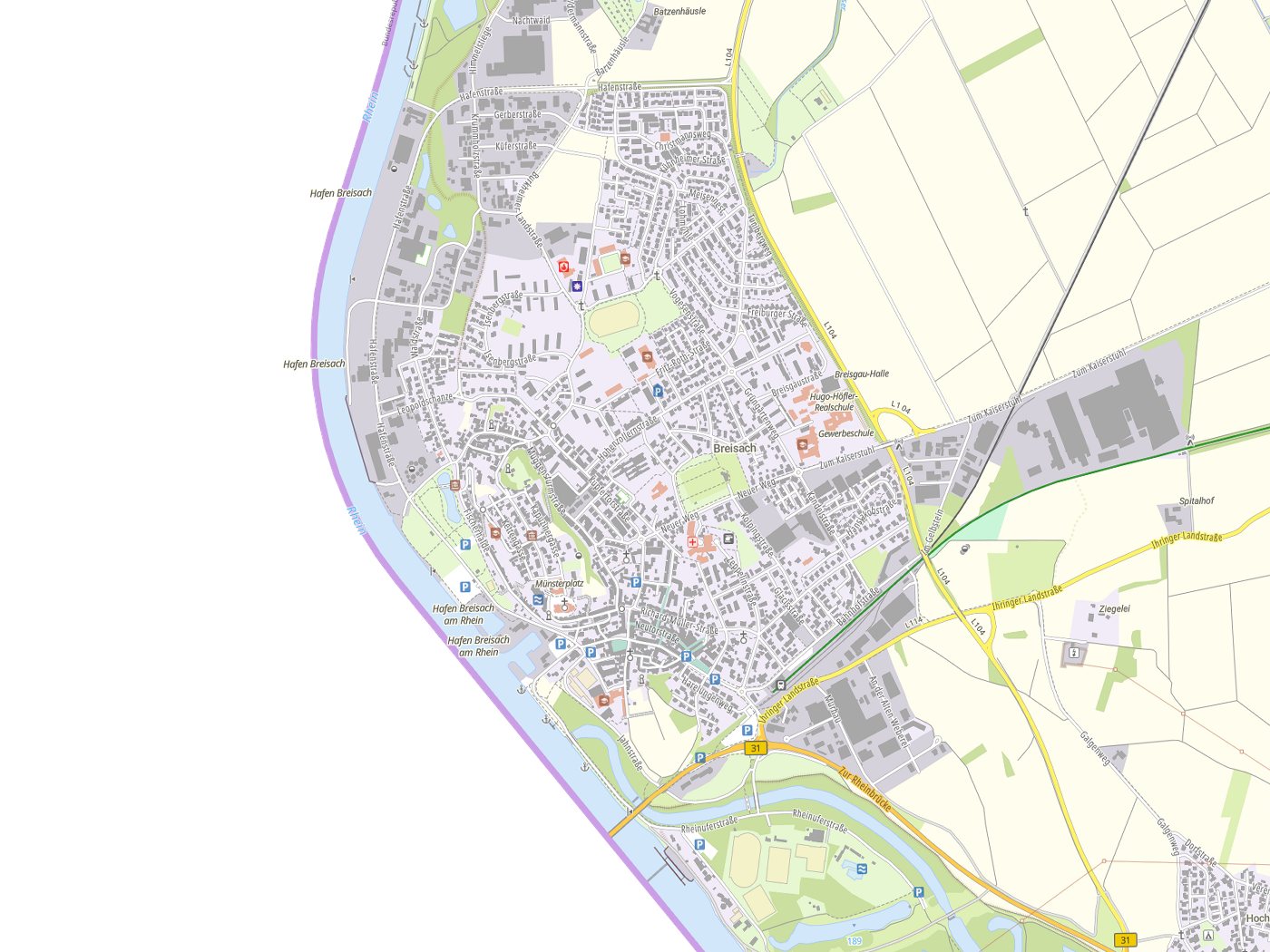 Kartenausschnitt Breisach am Rhein mit Gewässern
