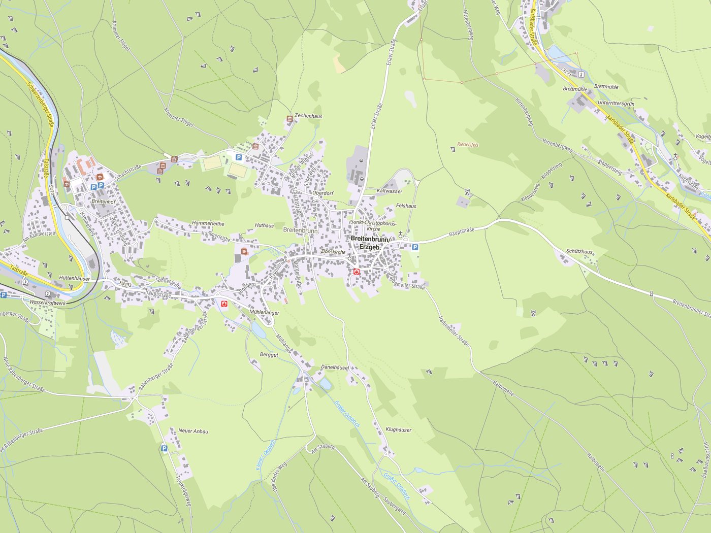 Kartenausschnitt Breitenbrunn/Erzgeb. mit Gewässern